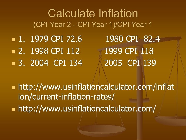 Calculate Inflation (CPI Year 2 - CPI Year 1)/CPI Year 1 n n n