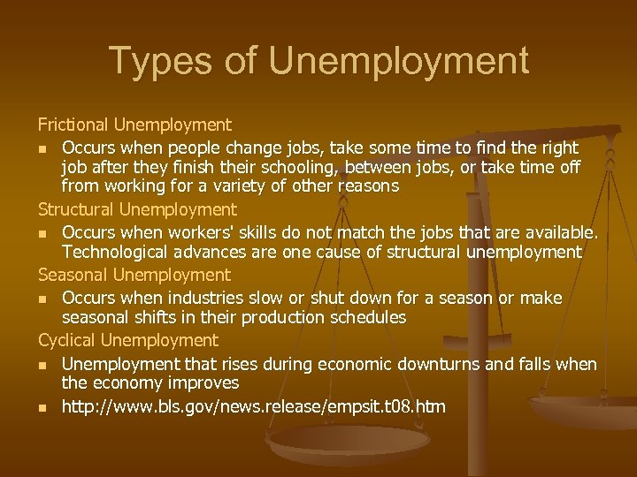 Types of Unemployment Frictional Unemployment n Occurs when people change jobs, take some time