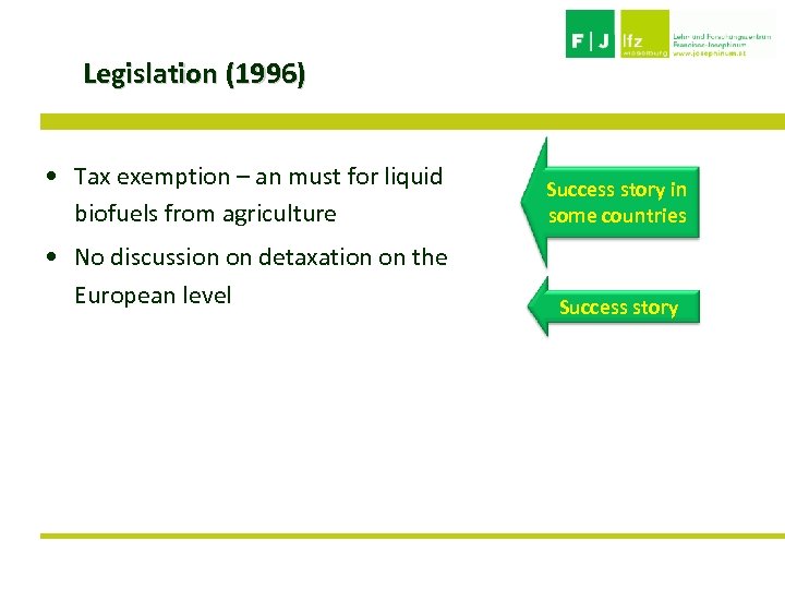 Legislation (1996) • Tax exemption – an must for liquid biofuels from agriculture Success