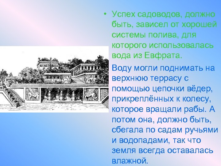  • Успех садоводов, должно быть, зависел от хорошей системы полива, для которого использовалась
