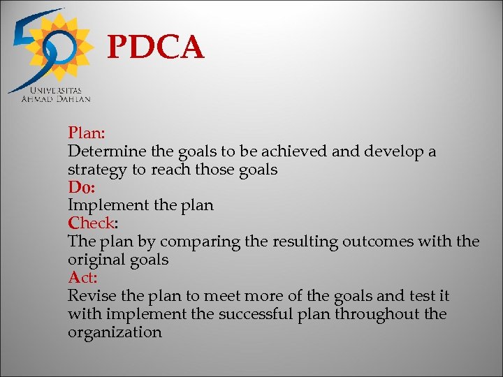 PDCA Plan: Determine the goals to be achieved and develop a strategy to reach