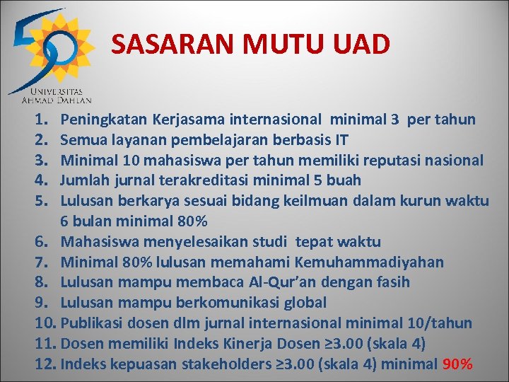 SASARAN MUTU UAD 1. 2. 3. 4. 5. Peningkatan Kerjasama internasional minimal 3 per