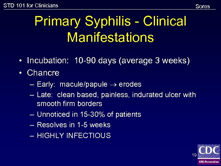 STD 101 for Clinicians Sores Primary Syphilis - Clinical Manifestations • Incubation: 10 -90