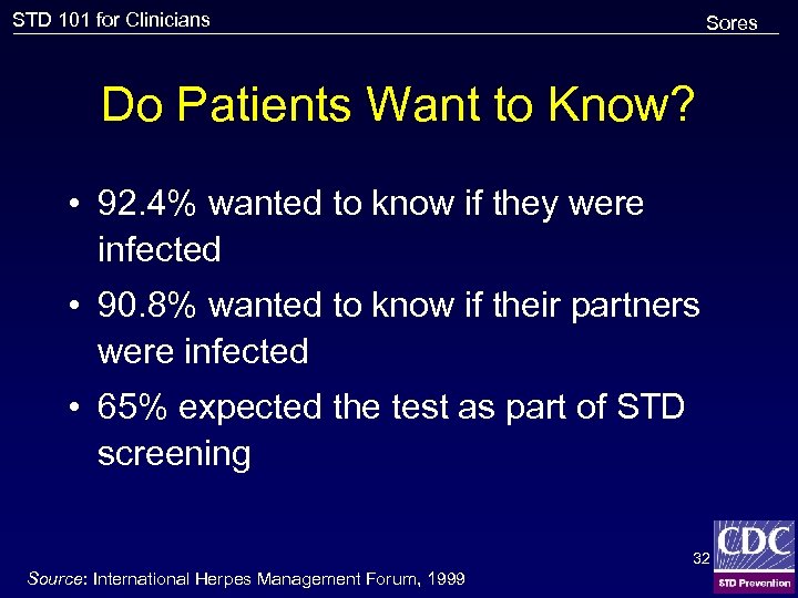 STD 101 for Clinicians Sores Do Patients Want to Know? • 92. 4% wanted