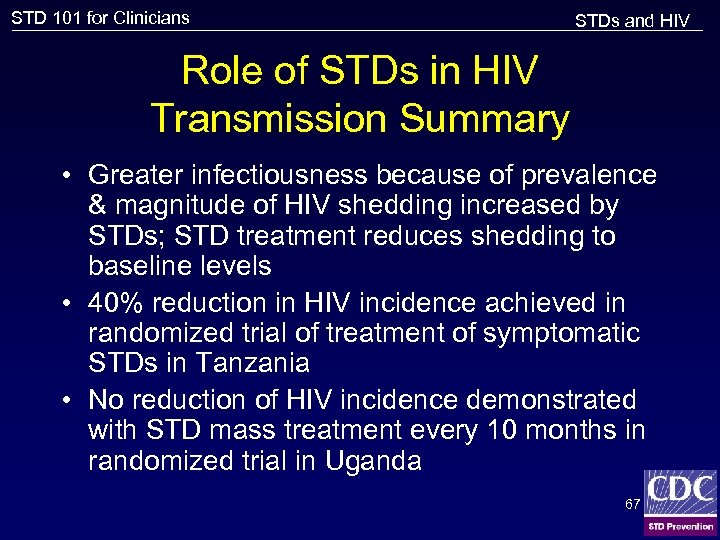 STD 101 for Clinicians STDs and HIV Role of STDs in HIV Transmission Summary