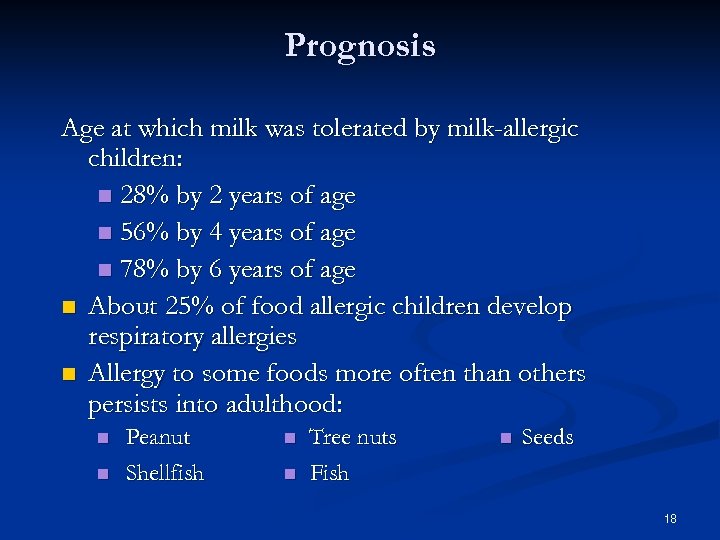 Prognosis Age at which milk was tolerated by milk-allergic children: 28% by 2 years