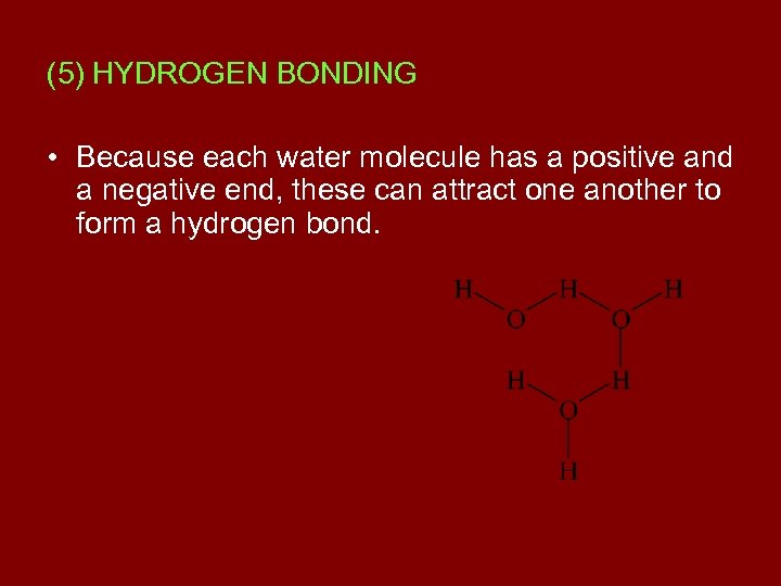 (5) HYDROGEN BONDING • Because each water molecule has a positive and a negative