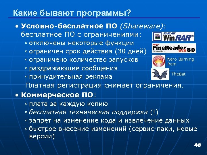 Какие бывают программы? • Условно-бесплатное ПО (Shareware): бесплатное ПО с ограничениями: ▫ отключены некоторые