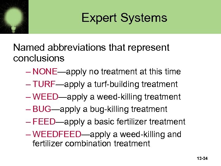 Expert Systems Named abbreviations that represent conclusions – NONE—apply no treatment at this time