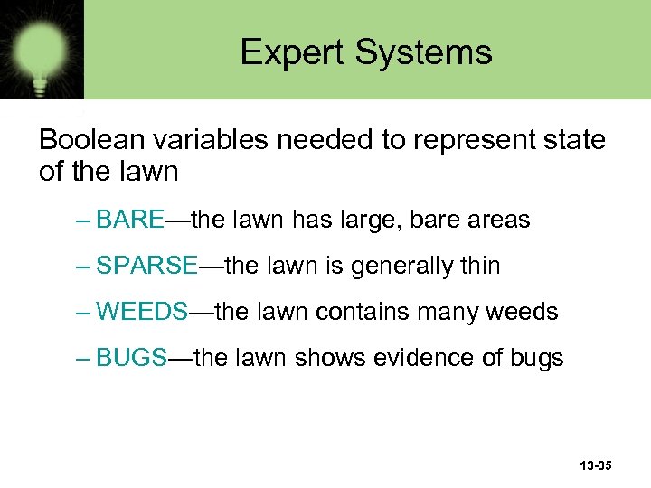 Expert Systems Boolean variables needed to represent state of the lawn – BARE—the lawn