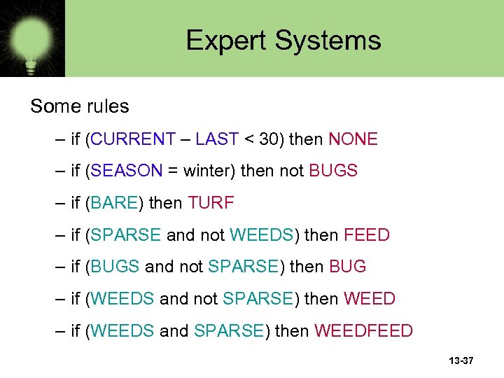 Expert Systems Some rules – if (CURRENT – LAST < 30) then NONE –