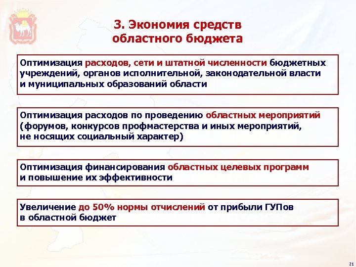 3. Экономия средств областного бюджета Оптимизация расходов, сети и штатной численности бюджетных учреждений, органов