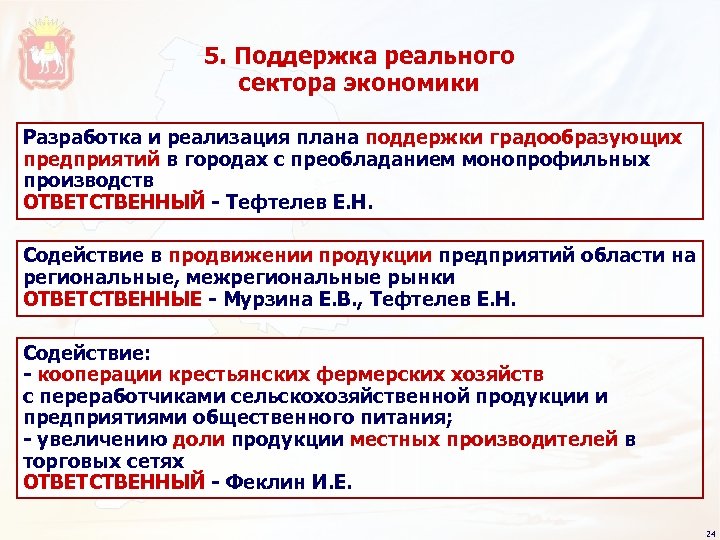 5. Поддержка реального сектора экономики Разработка и реализация плана поддержки градообразующих предприятий в городах