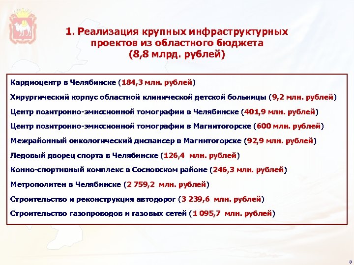 1. Реализация крупных инфраструктурных проектов из областного бюджета (8, 8 млрд. рублей) Кардиоцентр в