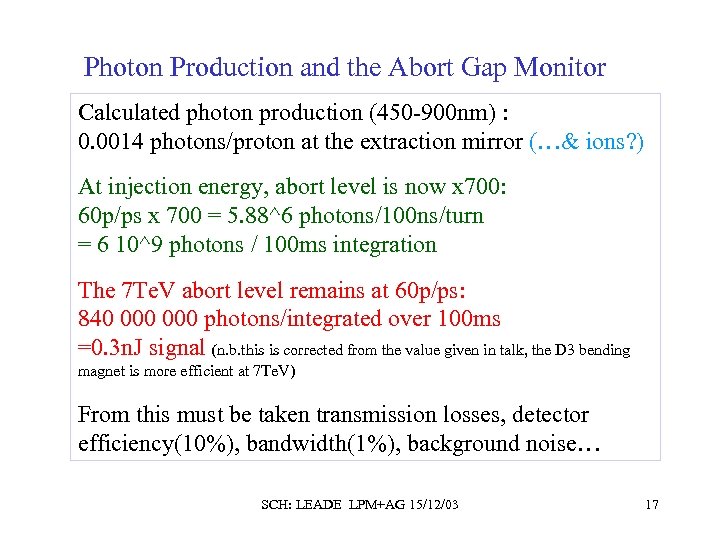 Photon Production and the Abort Gap Monitor Calculated photon production (450 -900 nm) :