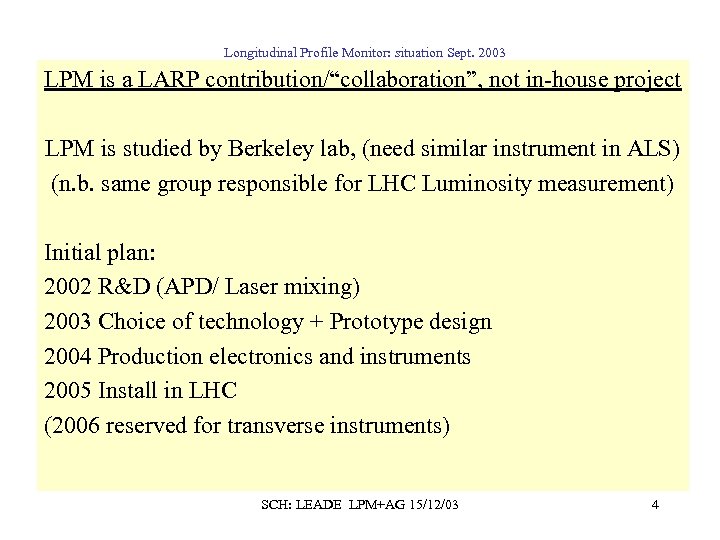 Longitudinal Profile Monitor: situation Sept. 2003 LPM is a LARP contribution/“collaboration”, not in-house project