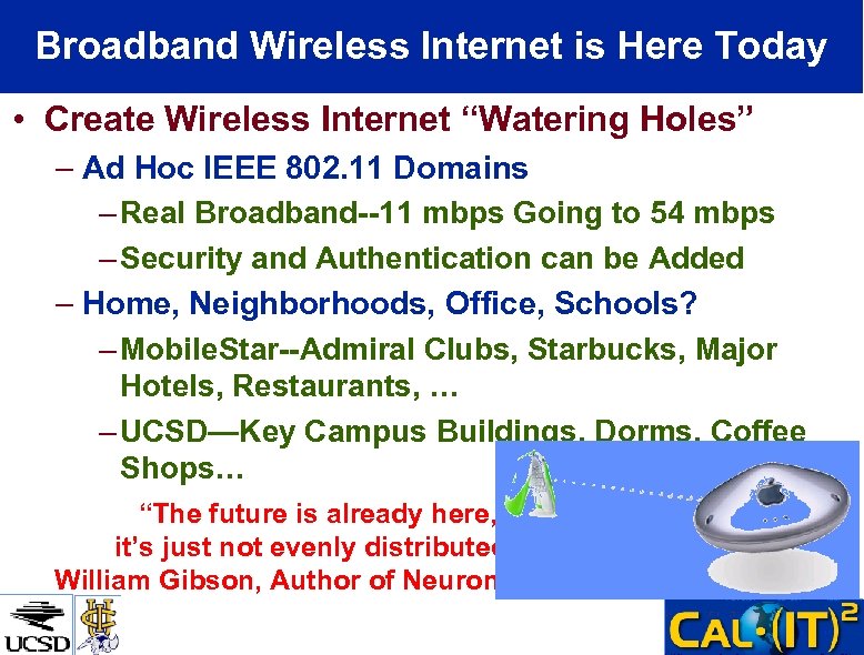 Broadband Wireless Internet is Here Today • Create Wireless Internet “Watering Holes” – Ad