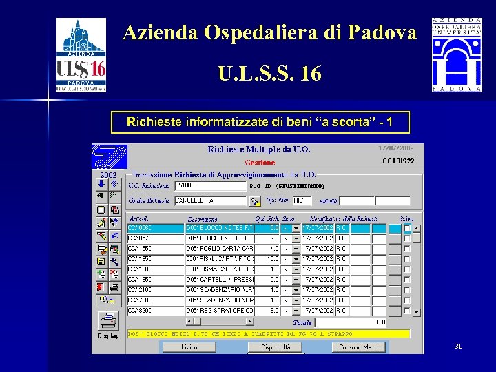 Azienda Ospedaliera di Padova U. L. S. S. 16 Richieste informatizzate di beni “a