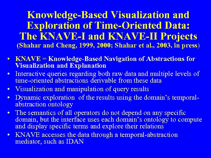 Knowledge-Based Visualization and Exploration of Time-Oriented Data: The KNAVE-I and KNAVE-II Projects (Shahar and
