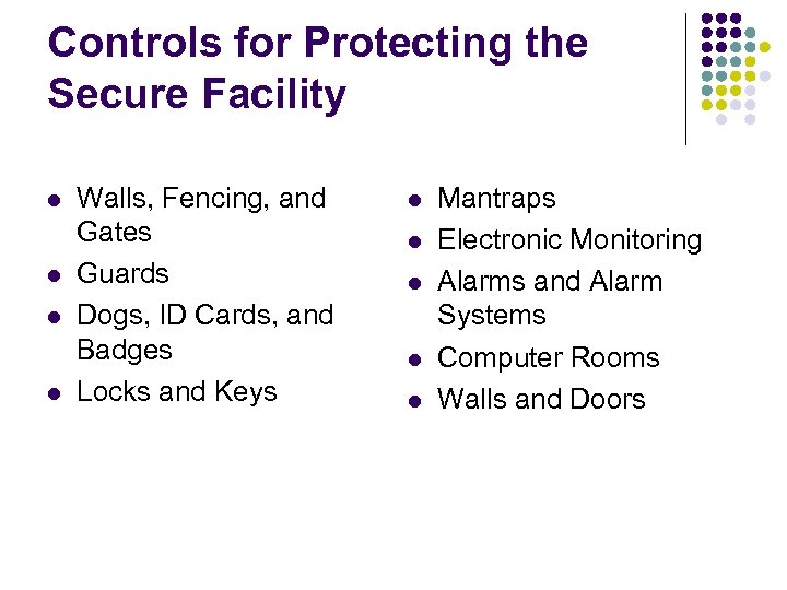 Controls for Protecting the Secure Facility l l Walls, Fencing, and Gates Guards Dogs,
