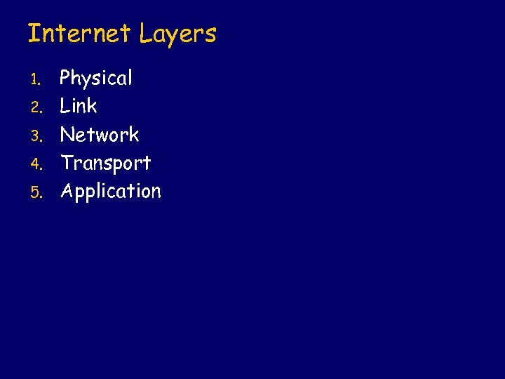 Internet Layers 1. 2. 3. 4. 5. Physical Link Network Transport Application 