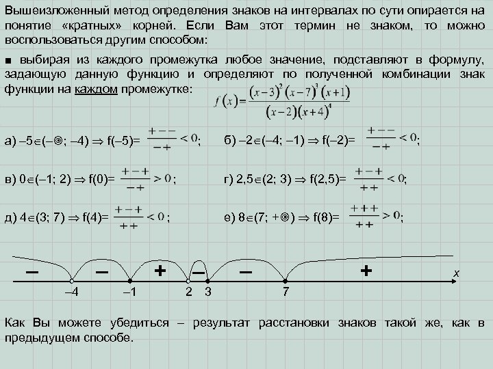 Вышеизложенный метод определения знаков на интервалах по сути опирается на понятие «кратных» корней. Если