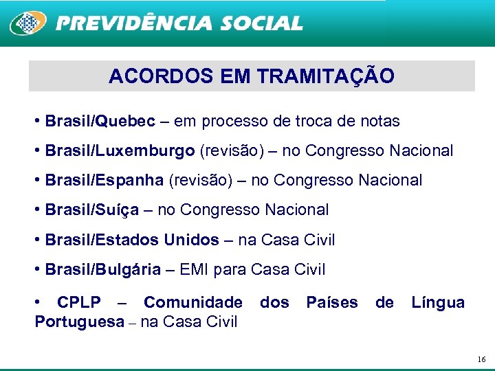 ACORDOS EM TRAMITAÇÃO • Brasil/Quebec – em processo de troca de notas • Brasil/Luxemburgo