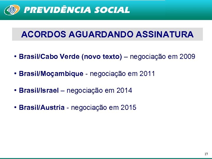 ACORDOS AGUARDANDO ASSINATURA • Brasil/Cabo Verde (novo texto) – negociação em 2009 • Brasil/Moçambique