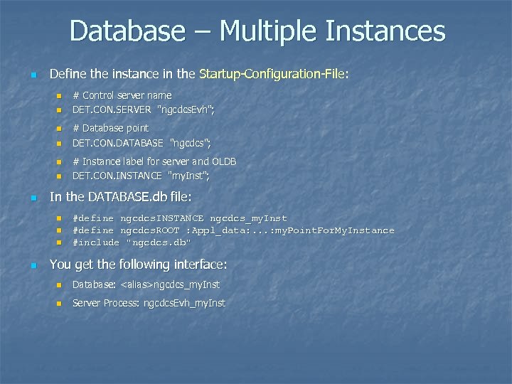 Database – Multiple Instances n Define the instance in the Startup-Configuration-File: n n n