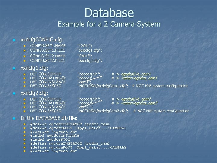 Database Example for a 2 Camera-System n xxdcfg. CONFIG. cfg: n n n DET.