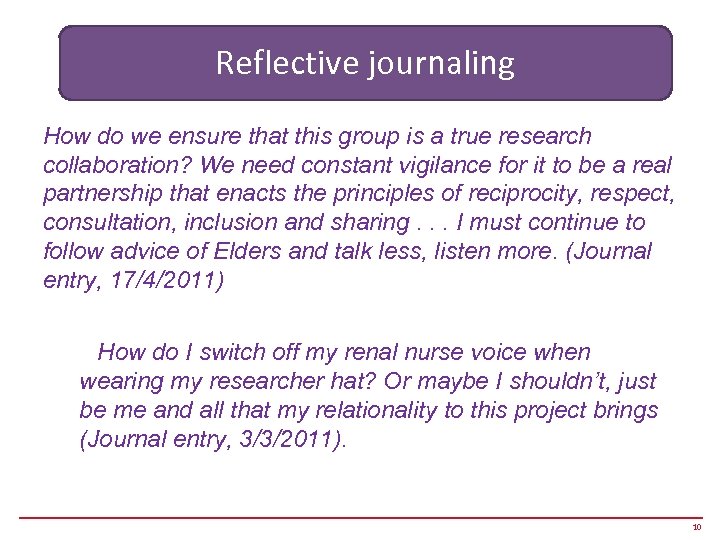 Reflective journaling How do we ensure that this group is a true research collaboration?