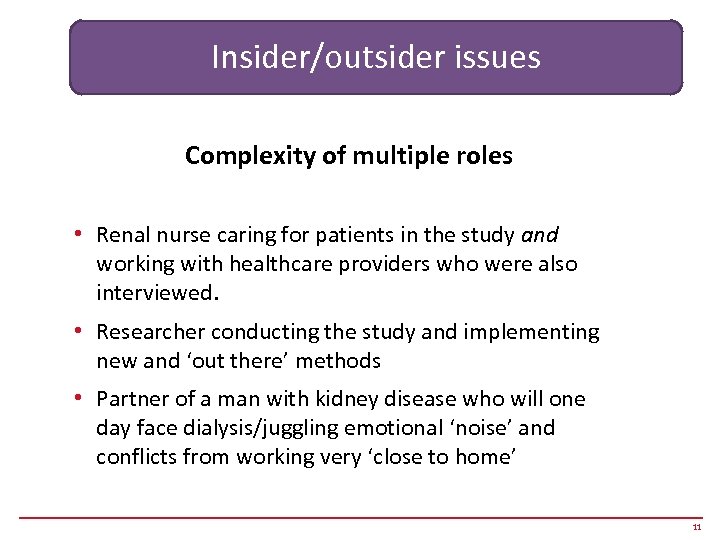 Insider/outsider issues Complexity of multiple roles • Renal nurse caring for patients in the