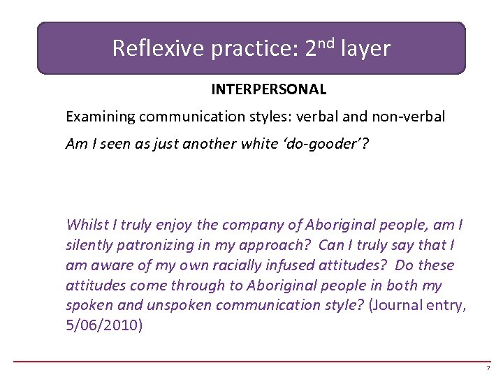 Reflexive practice: 2 nd layer INTERPERSONAL Examining communication styles: verbal and non-verbal Am I
