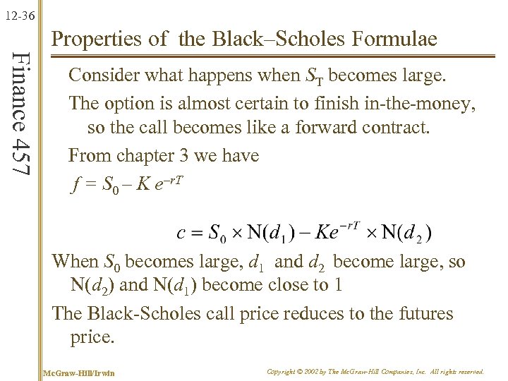 12 -36 Properties of the Black–Scholes Formulae Finance 457 Consider what happens when ST