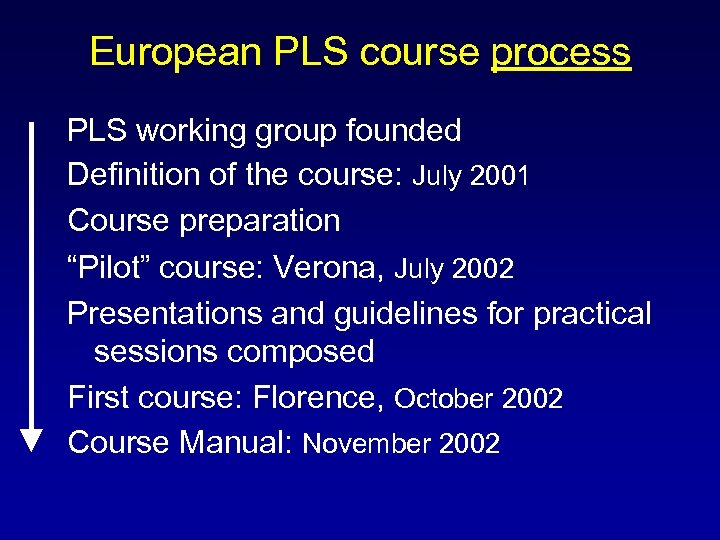 European PLS course process PLS working group founded Definition of the course: July 2001