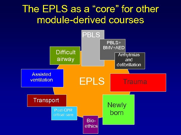 The EPLS as a “core” for other module-derived courses PBLS+ BMV+AED Difficult airway Assisted