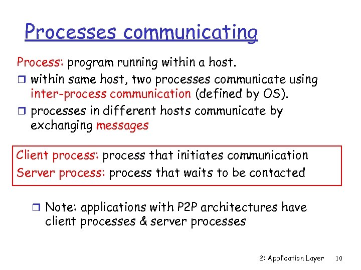 Processes communicating Process: program running within a host. r within same host, two processes