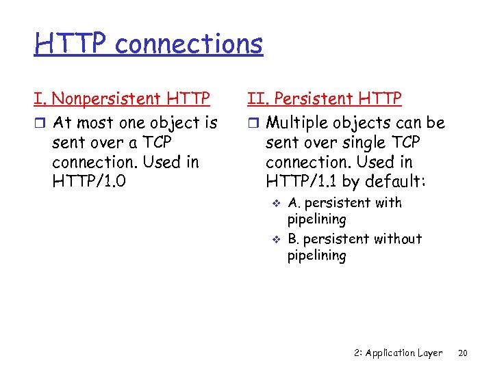 HTTP connections I. Nonpersistent HTTP r At most one object is sent over a