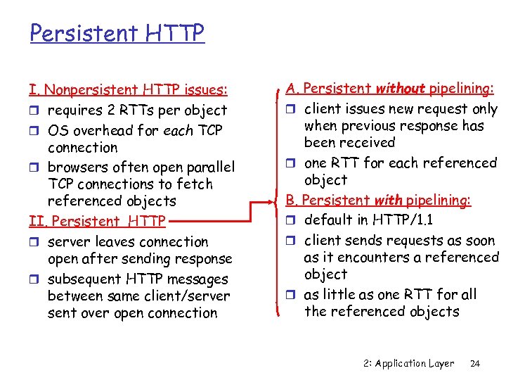 Persistent HTTP I. Nonpersistent HTTP issues: r requires 2 RTTs per object r OS