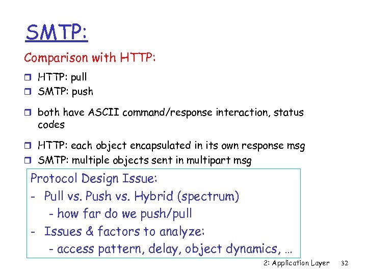 SMTP: Comparison with HTTP: r HTTP: pull r SMTP: push r both have ASCII