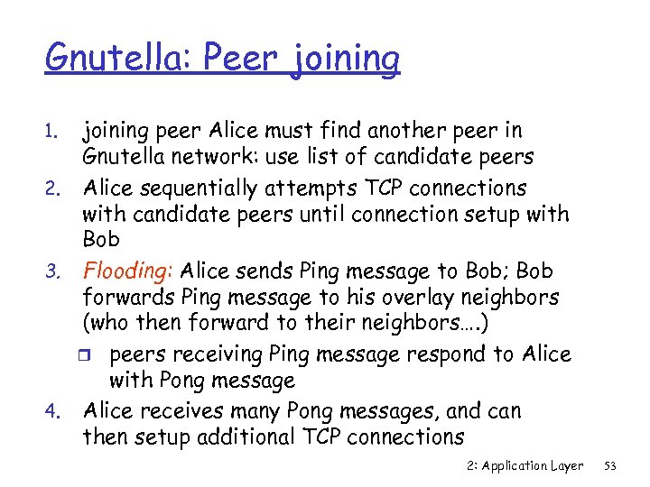 Gnutella: Peer joining peer Alice must find another peer in Gnutella network: use list