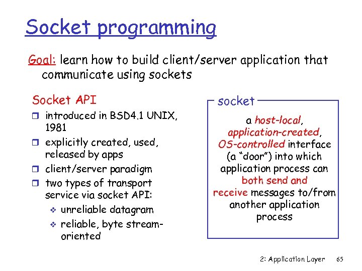 Socket programming Goal: learn how to build client/server application that communicate using sockets Socket