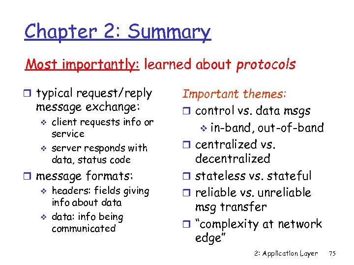 Chapter 2: Summary Most importantly: learned about protocols r typical request/reply message exchange: v