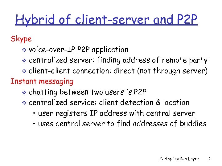 Hybrid of client-server and P 2 P Skype v voice-over-IP P 2 P application