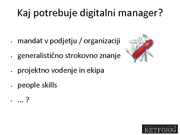 Kaj potrebuje digitalni manager? • mandat v podjetju / organizaciji • generalistično strokovno znanje