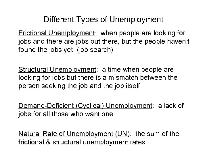 Different Types of Unemployment Frictional Unemployment: when people are looking for jobs and there