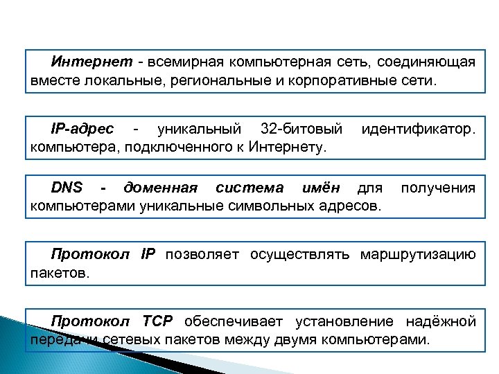 Интернет - всемирная компьютерная сеть, соединяющая вместе локальные, региональные и корпоративные сети. IP-адрес -