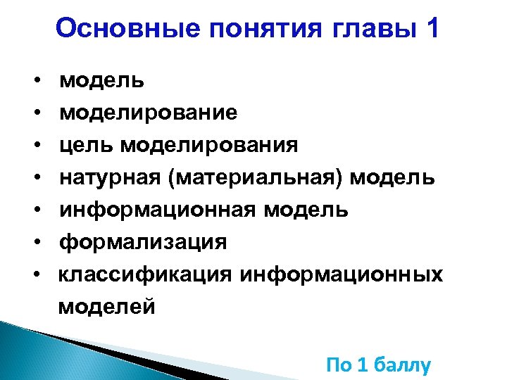 Клю Основные понятия главы 1 чевые слова • модель • • • моделирование цель
