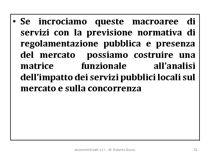  • Se incrociamo queste macroaree di servizi con la previsione normativa di regolamentazione