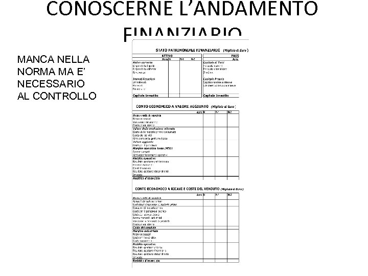 CONOSCERNE L’ANDAMENTO FINANZIARIO MANCA NELLA NORMA MA E’ NECESSARIO AL CONTROLLO 